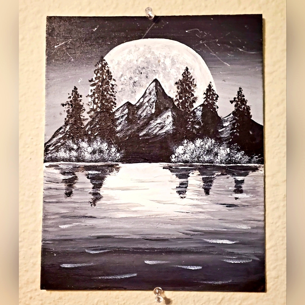 Black and White Moon Mountain Acrylic Painting 10inch x 8inch:  $10